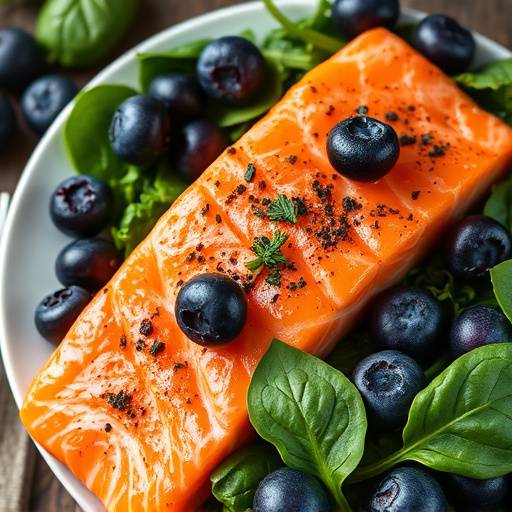 A collection of superfoods, including blueberries, spinach, chia seeds, and salmon