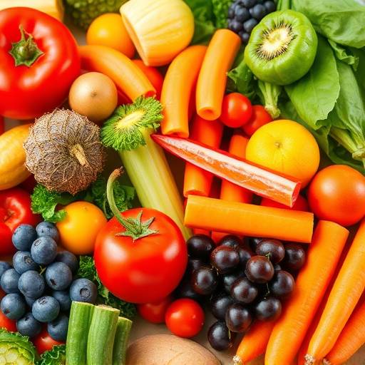 A colorful assortment of fresh fruits and vegetables, showcasing a balanced diet