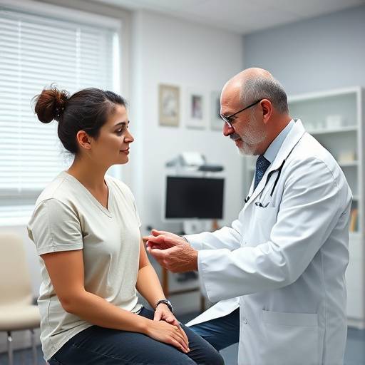 A doctor examining a patient during a routine check-up at a medical office.