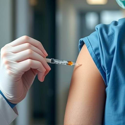 A healthcare professional administering a vaccination to a patient's arm.