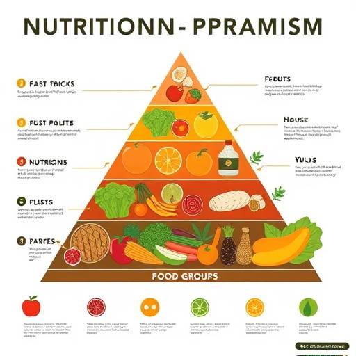A nutrition pyramid graphic illustrating recommended proportions of different food groups