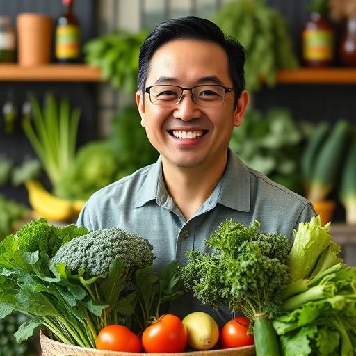 David Lee, Nutritionist, holding a plate of colorful vegetables.
