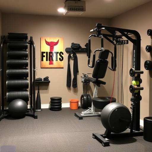 Various exercise equipment arranged in a well-equipped home gym